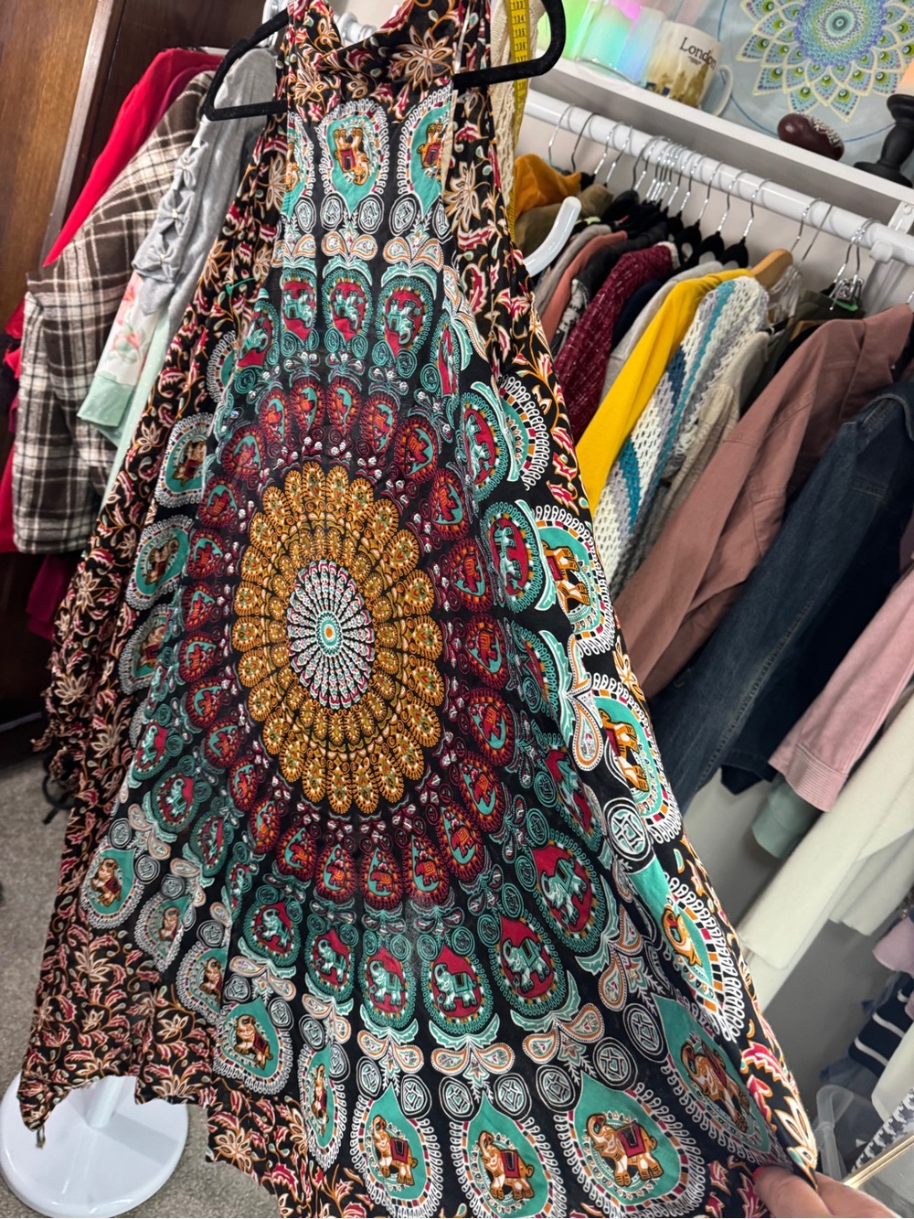 Bohemian Mandala Print Maxi Skirt in Teal and Black